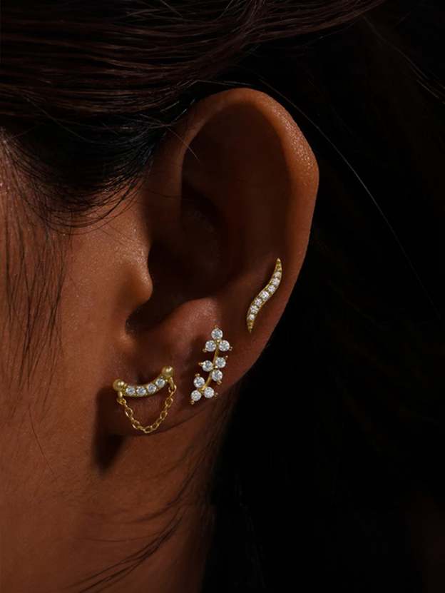 S925 Wave Line Leaf Ear Piercing Stud-Olarajewelry