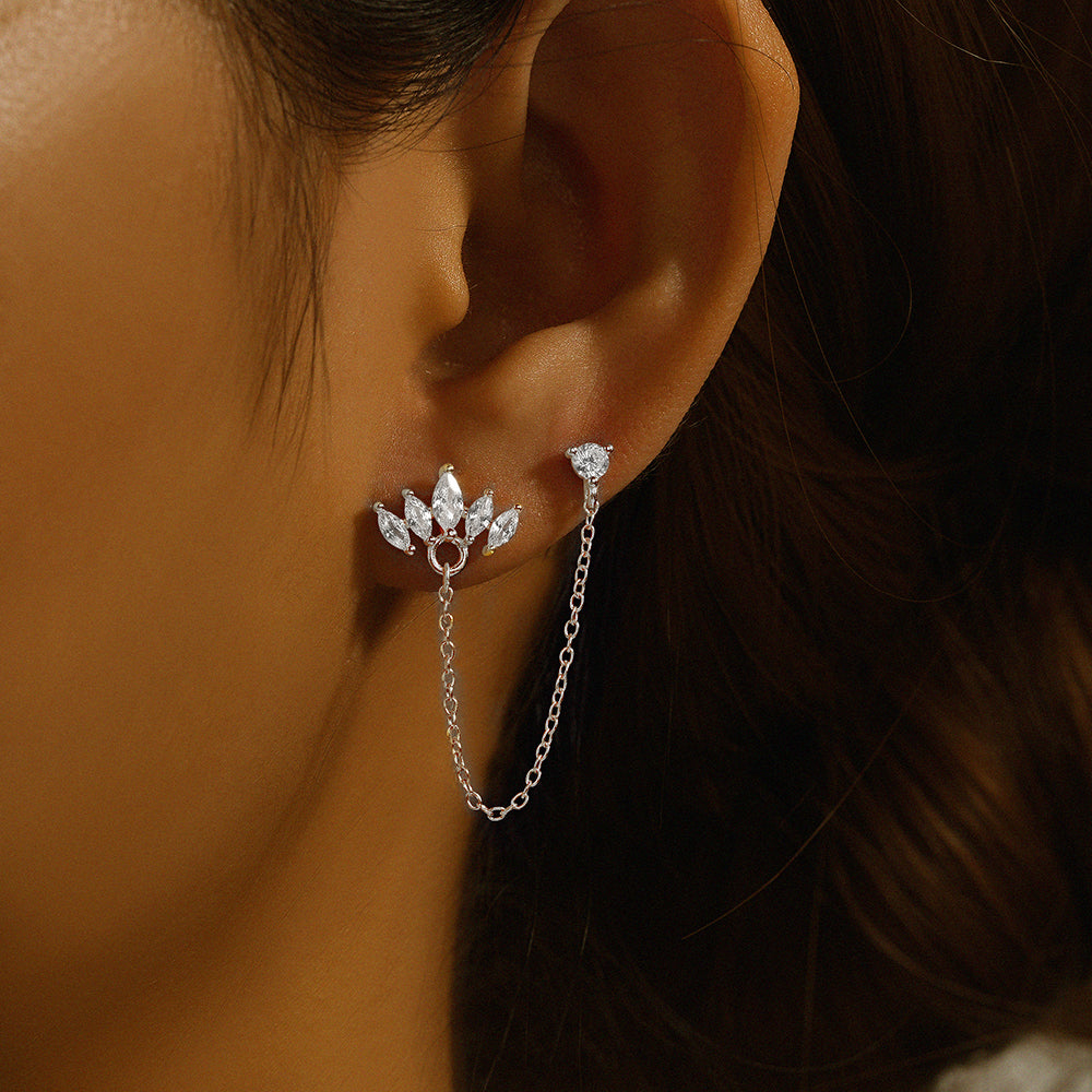 925 Sterling Silver Crown Zircon Chain Dangle Drop Earring-Olarajewelry