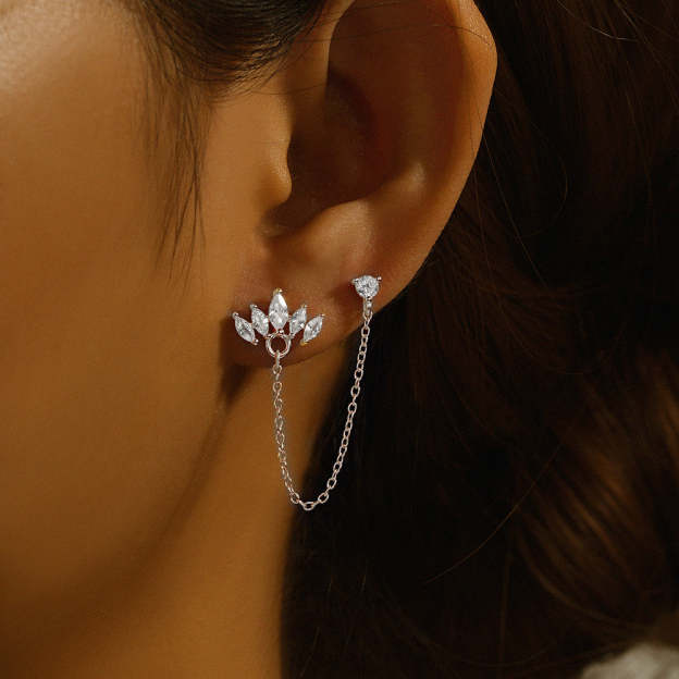 925 Sterling Silver Crown Zircon Chain Dangle Drop Earring-Olarajewelry