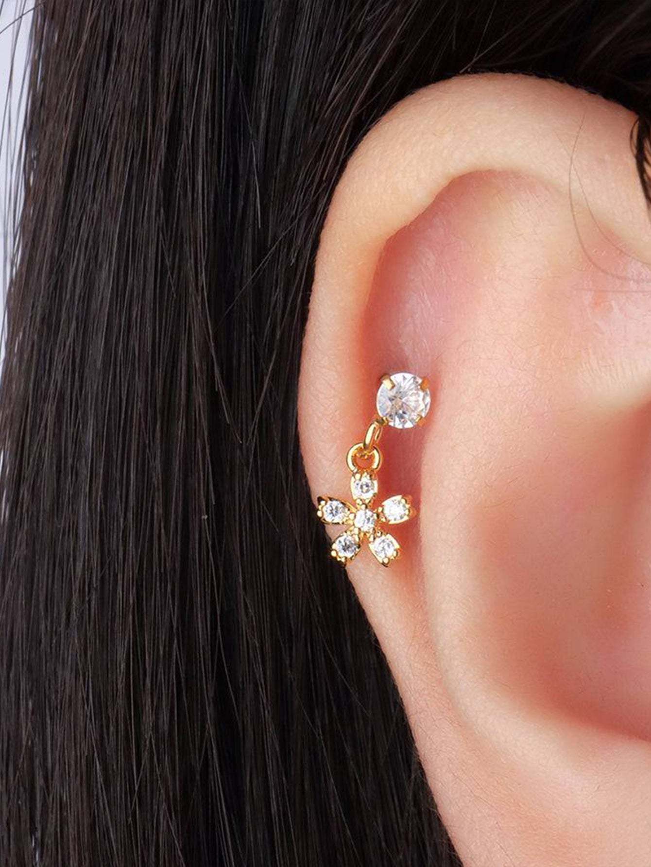 S925 Flower Shaped Zirconia Pendant Ear Piercing Stud-Olarajewelry