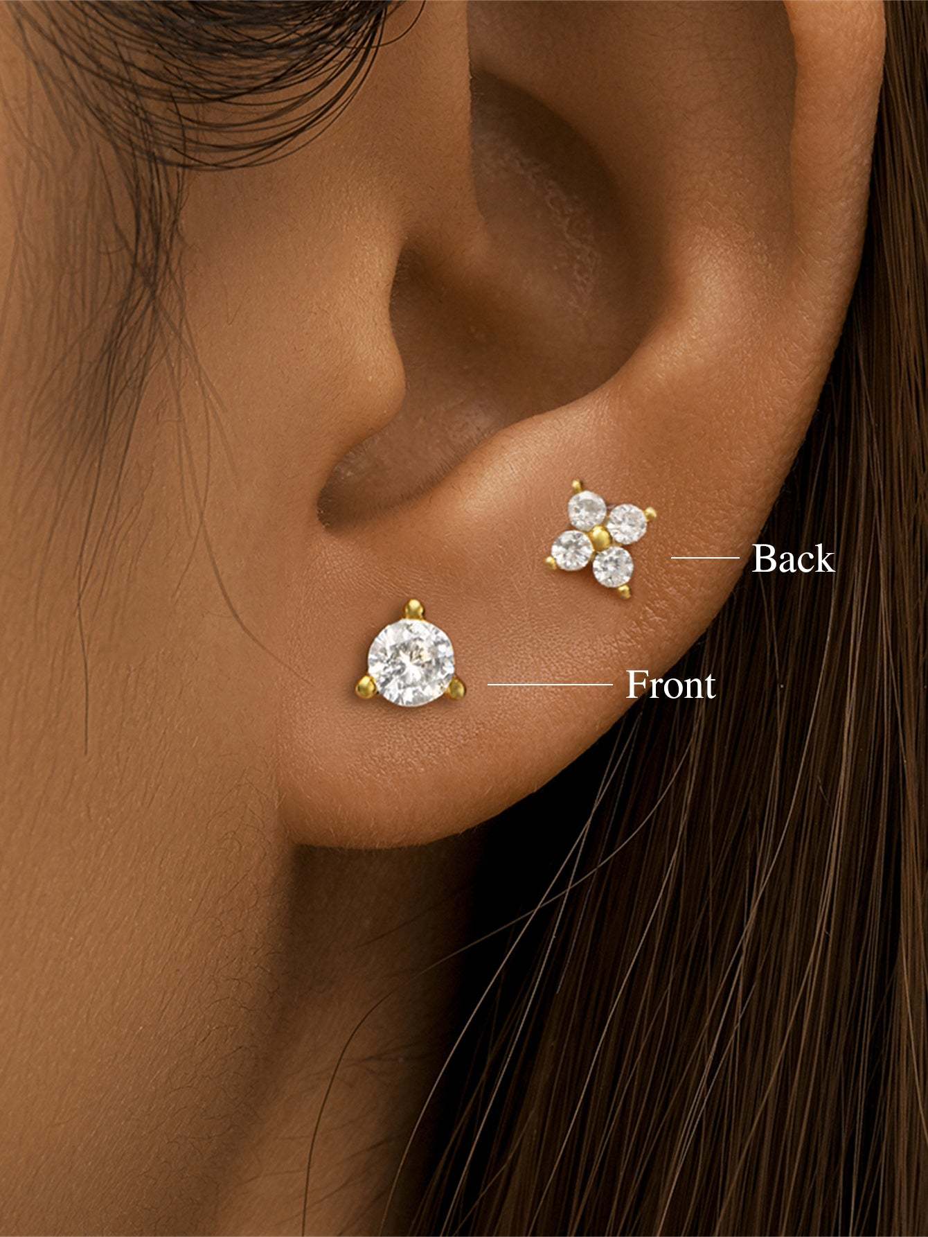 S925 Four-Leaf Clover Zircon Crown Double-Sided Ear Piercing Stud-Olarajewelry