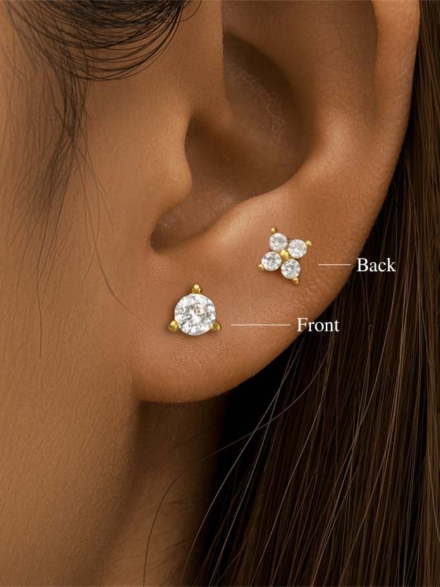 S925 Four-Leaf Clover Zircon Crown Double-Sided Ear Piercing Stud-Olarajewelry
