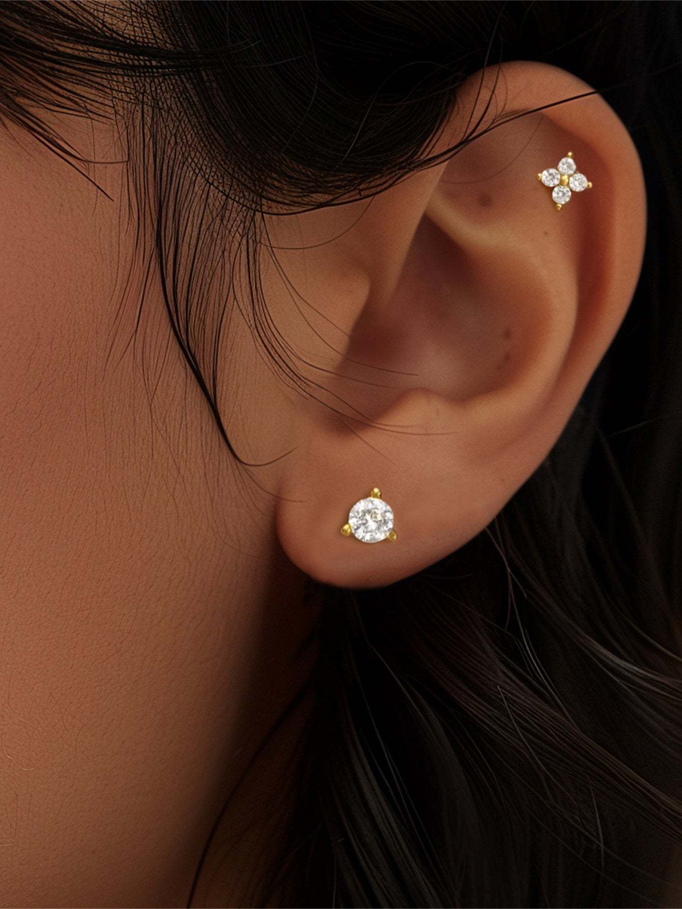 S925 Four-Leaf Clover Zircon Crown Double-Sided Ear Piercing Stud-Olarajewelry