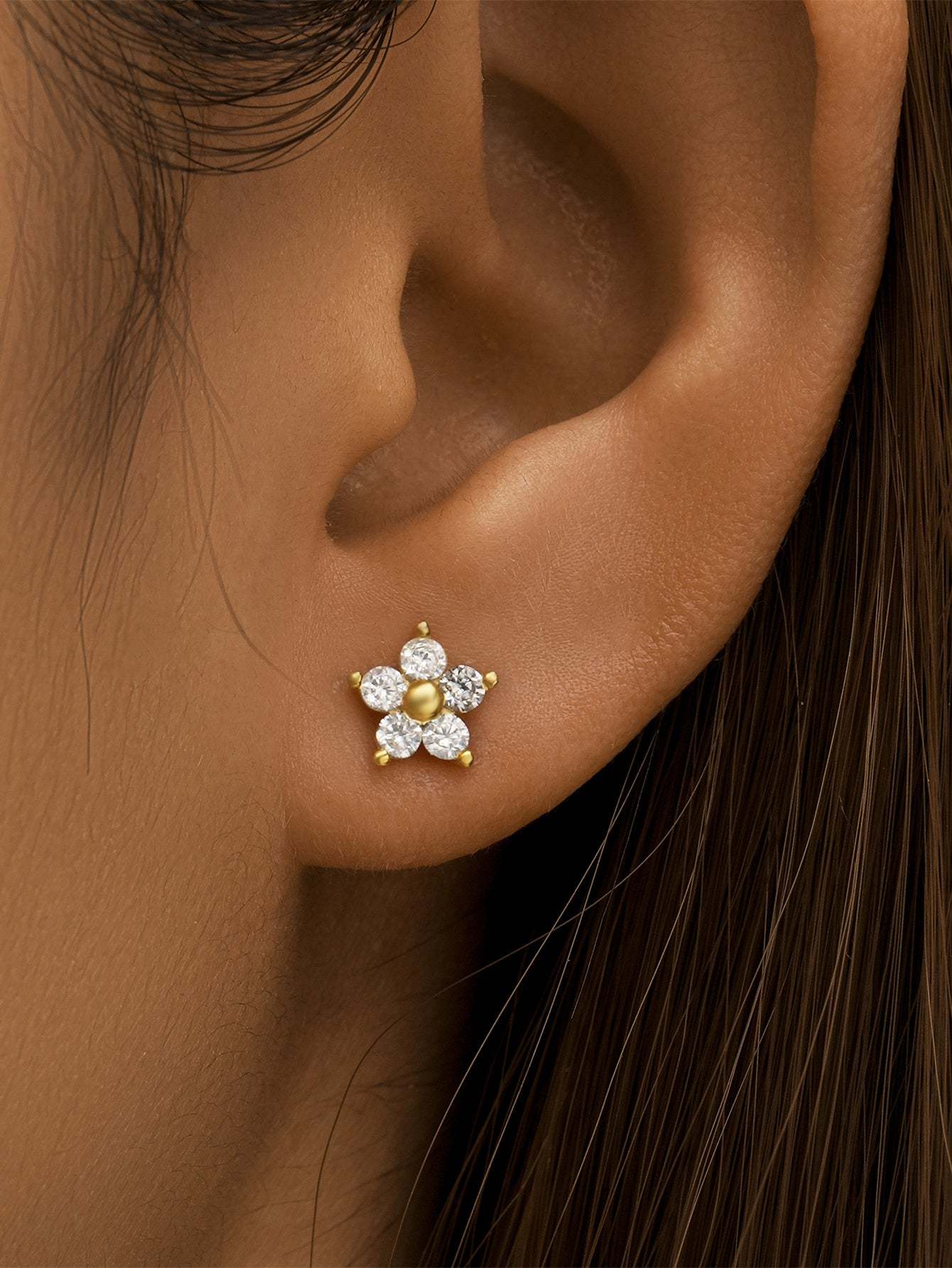 S925 Flower Zircon Flat Back Reversible Wear Daily Piercing Earring-Olarajewelry