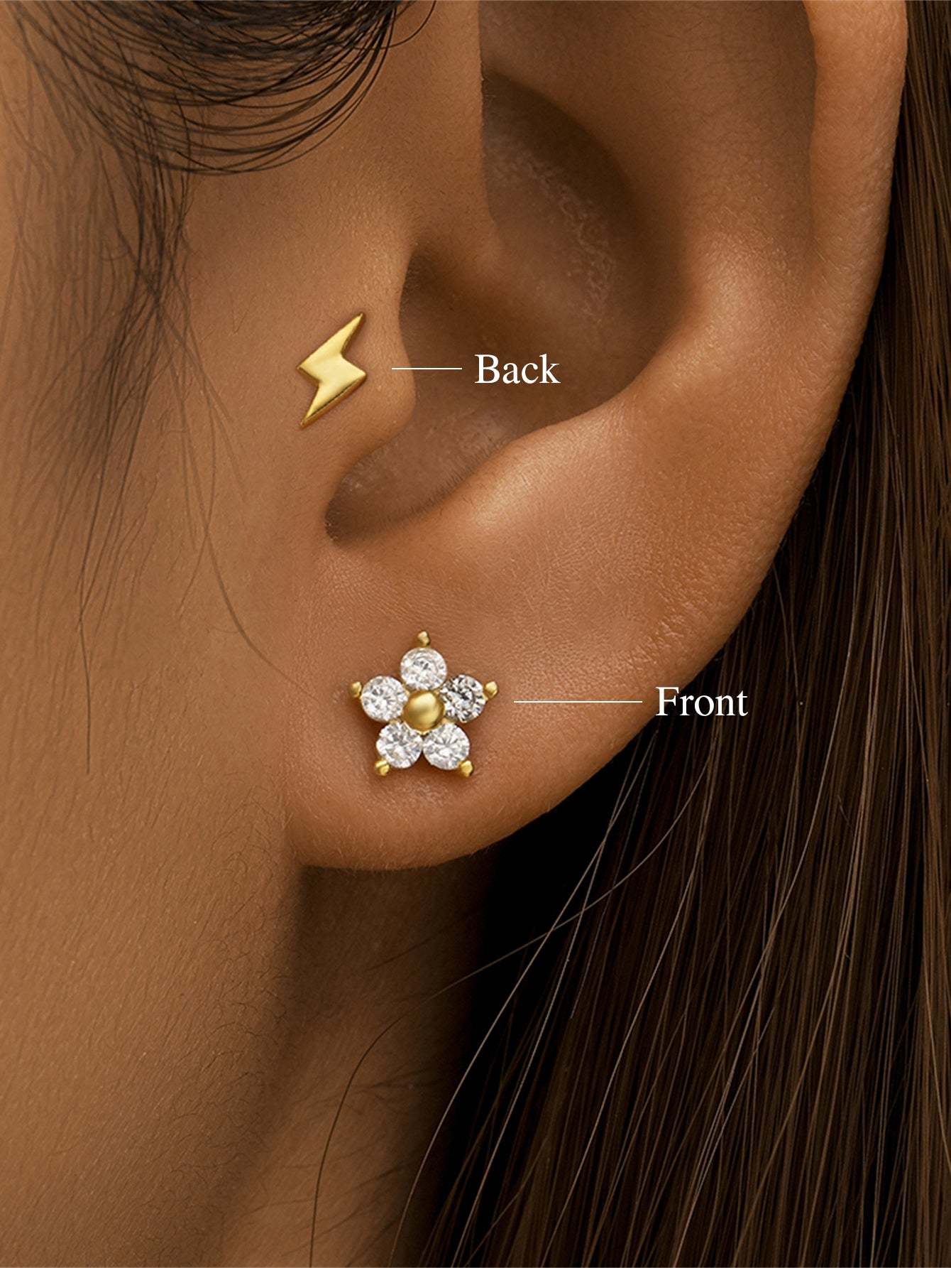 S925 Flower Zircon Flat Back Reversible Wear Daily Piercing Earring-Olarajewelry