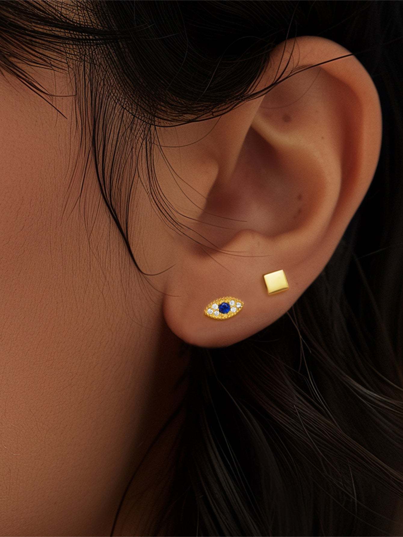 S925 Evil Eye Blue Zircon Square Ear Piercing Stud-Olarajewelry