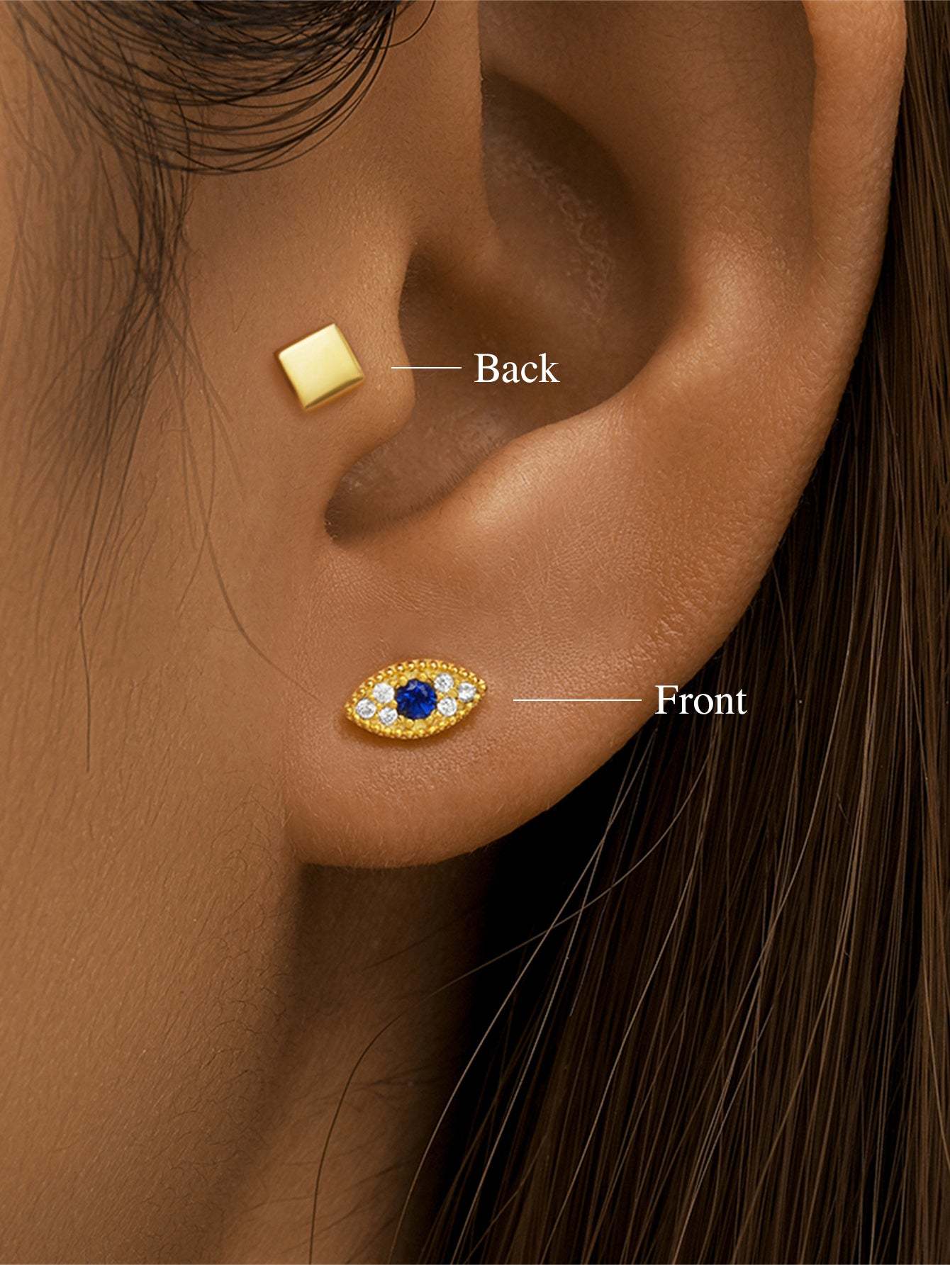 S925 Evil Eye Blue Zircon Square Ear Piercing Stud-Olarajewelry