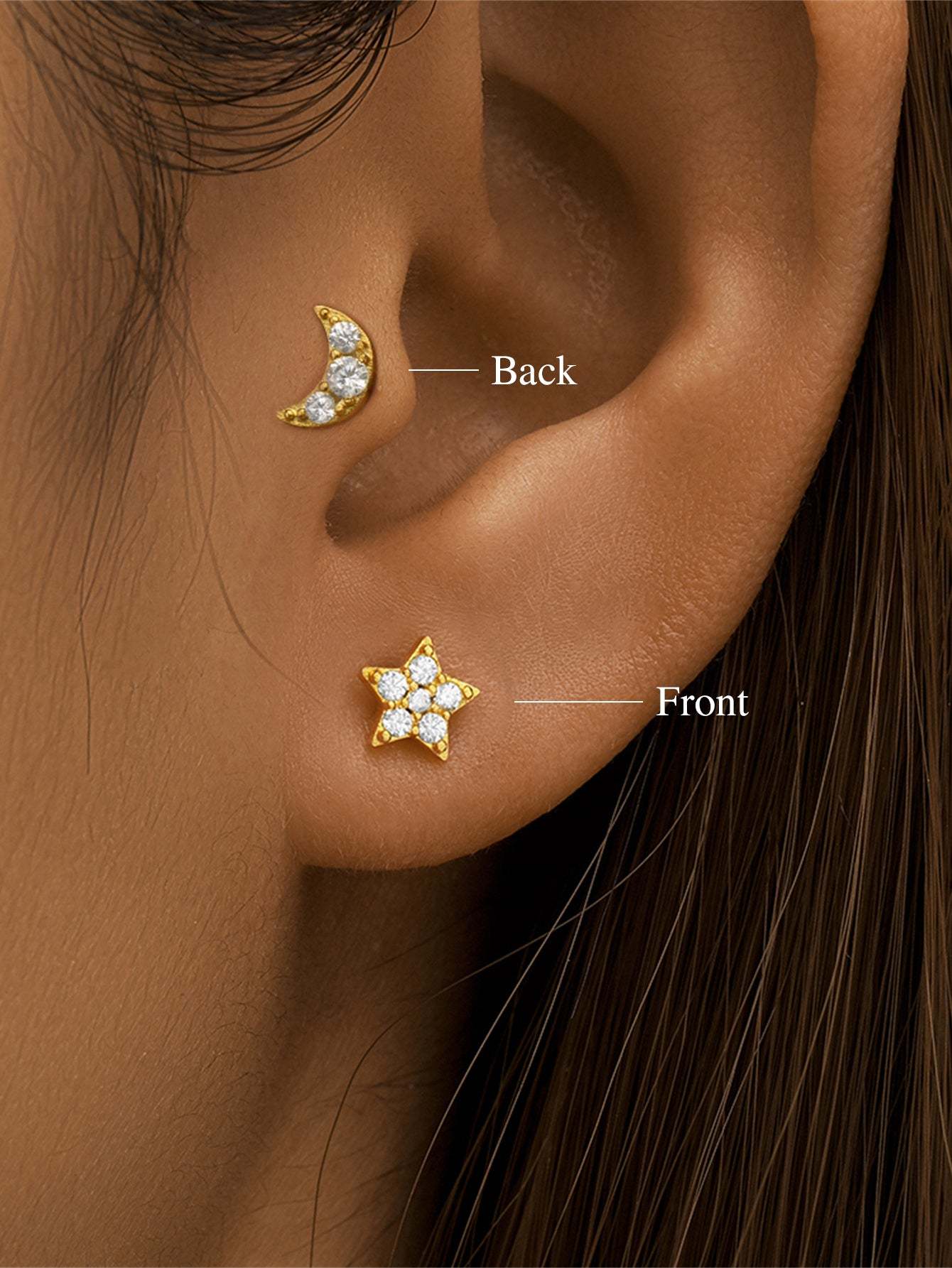 S925 Star and Moon Zircons Reversible Wear Fashion Piercing Earring-Olarajewelry