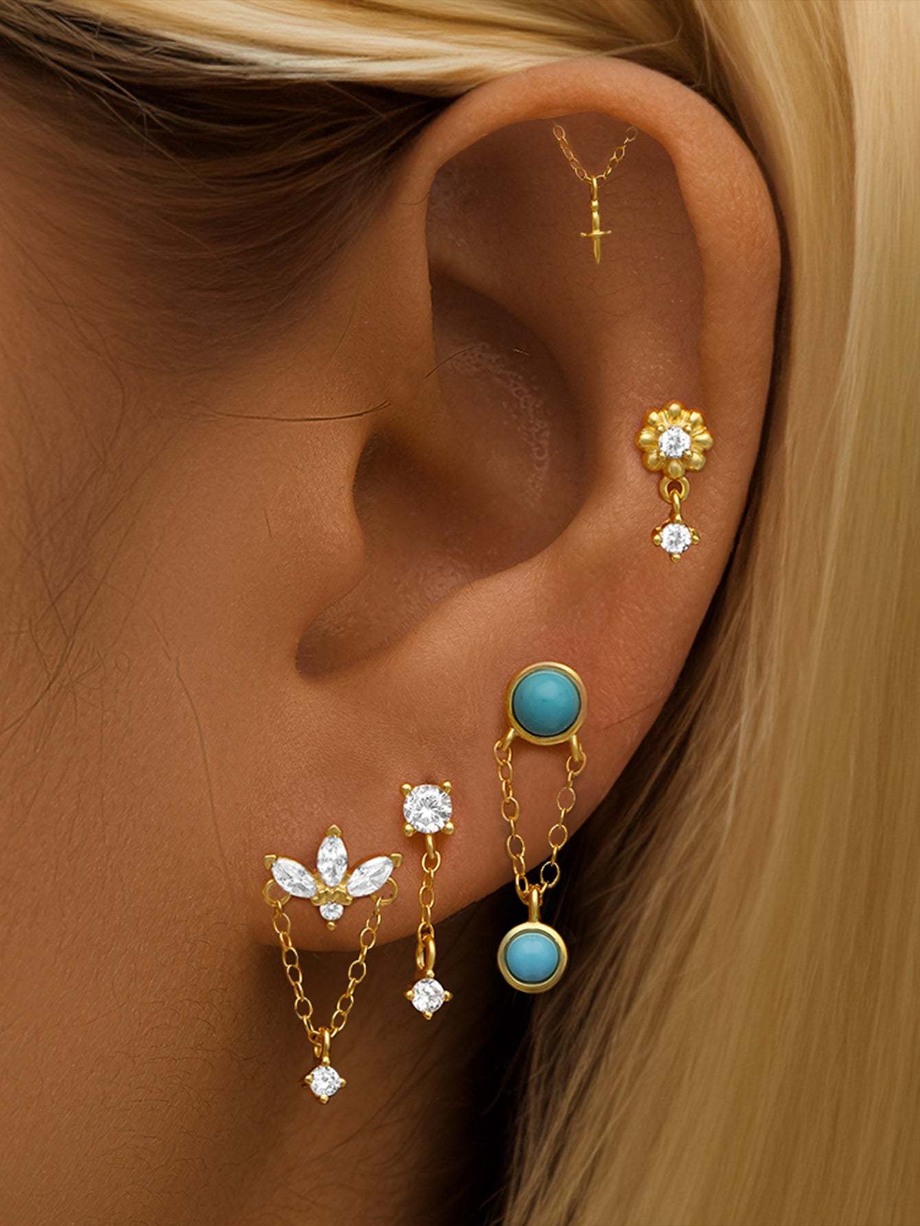 S925 Sterling Silver Zircon Tassel Chain Pierced Earring Set-Olarajewelry