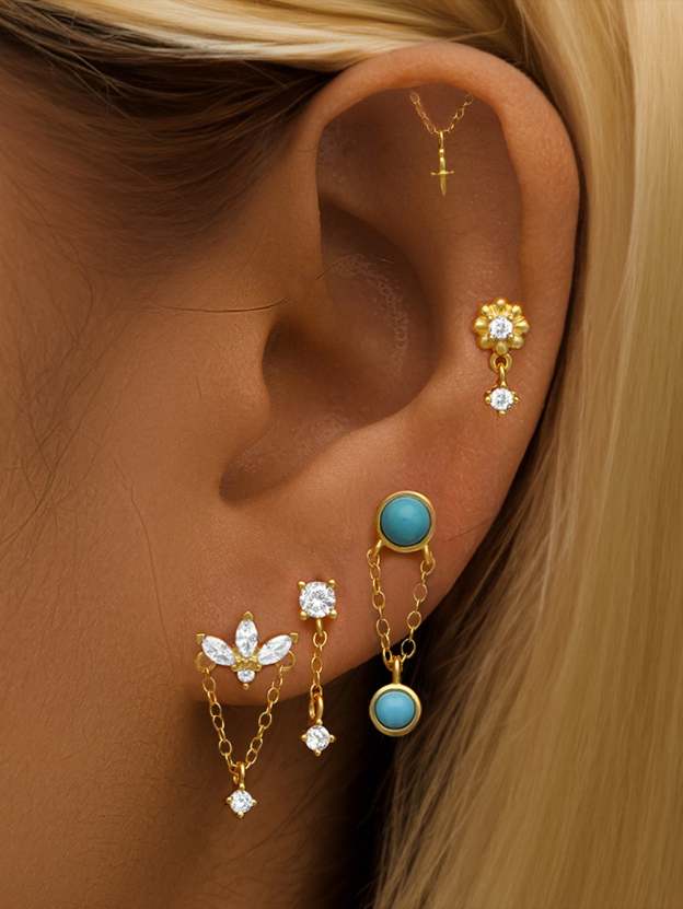 S925 Sterling Silver Zircon Tassel Chain Pierced Earring Set-Olarajewelry
