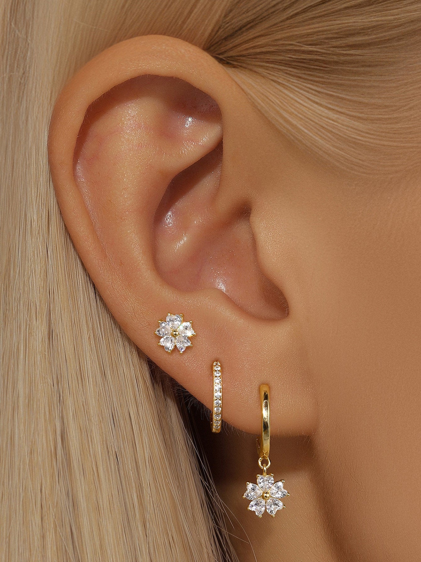 5 Petals Flower S925 Zircon Hoop Drop Earring Set-Olarajewelry