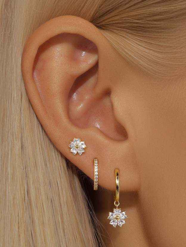 5 Petals Flower S925 Zircon Hoop Drop Earring Set-Olarajewelry