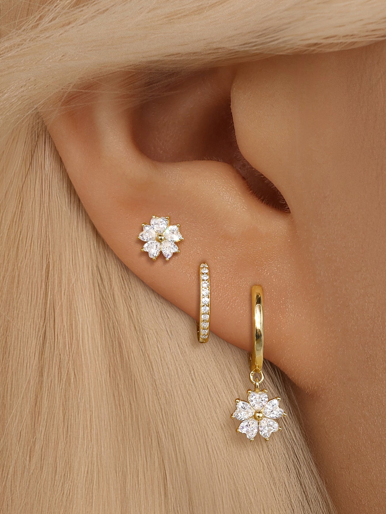 5 Petals Flower S925 Zircon Hoop Drop Earring Set-Olarajewelry