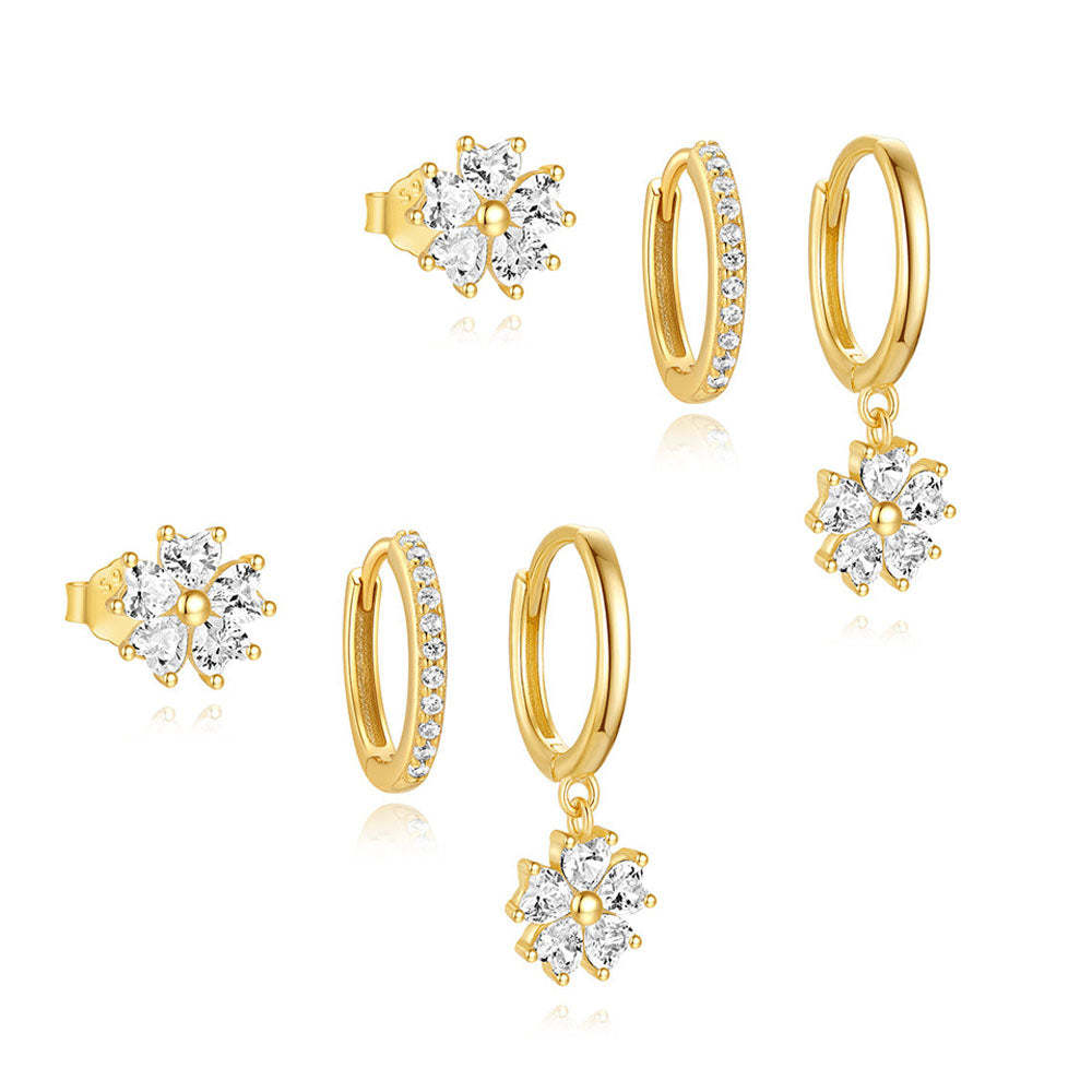 5 Petals Flower S925 Zircon Hoop Drop Earring Set-Olarajewelry