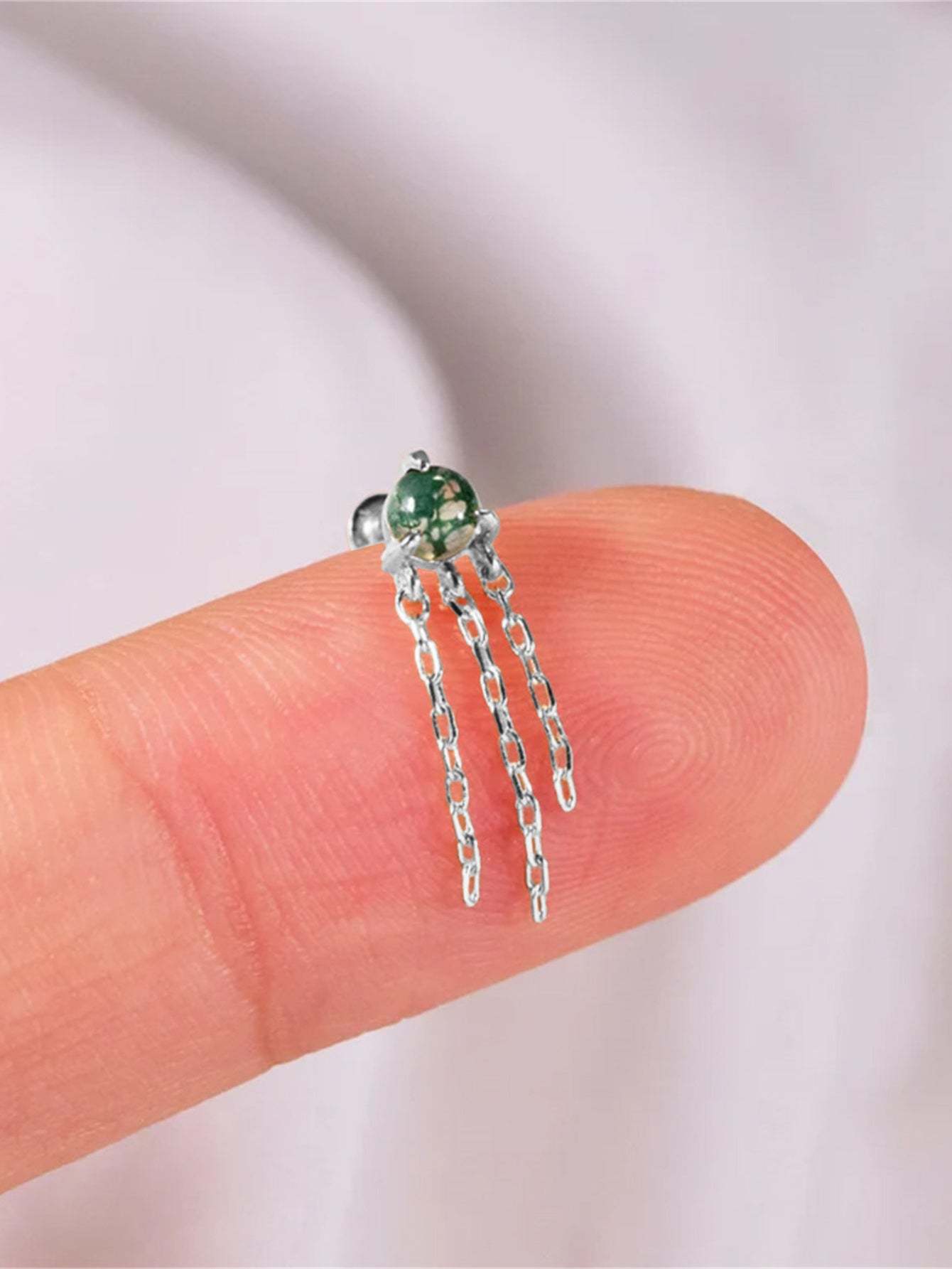 S925 Water Grass Agate Tassel Pendant Ear Piercing Stud-Olarajewelry