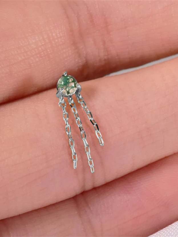 S925 Water Grass Agate Tassel Pendant Ear Piercing Stud-Olarajewelry