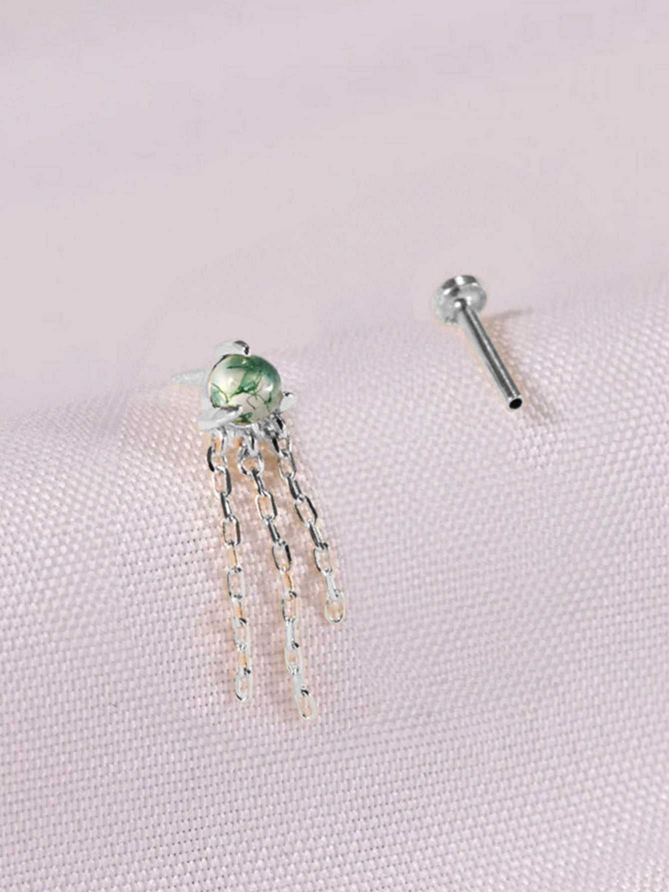S925 Water Grass Agate Tassel Pendant Ear Piercing Stud-Olarajewelry