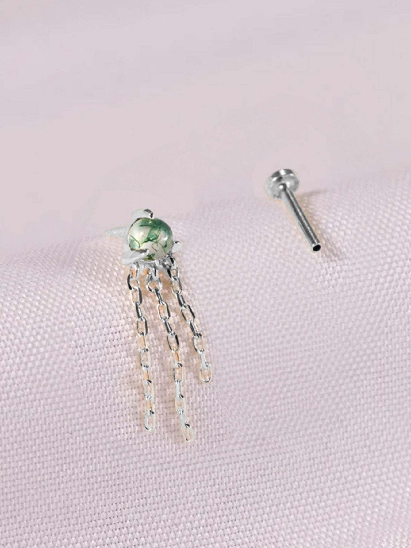 S925 Water Grass Agate Tassel Pendant Ear Piercing Stud-Olarajewelry