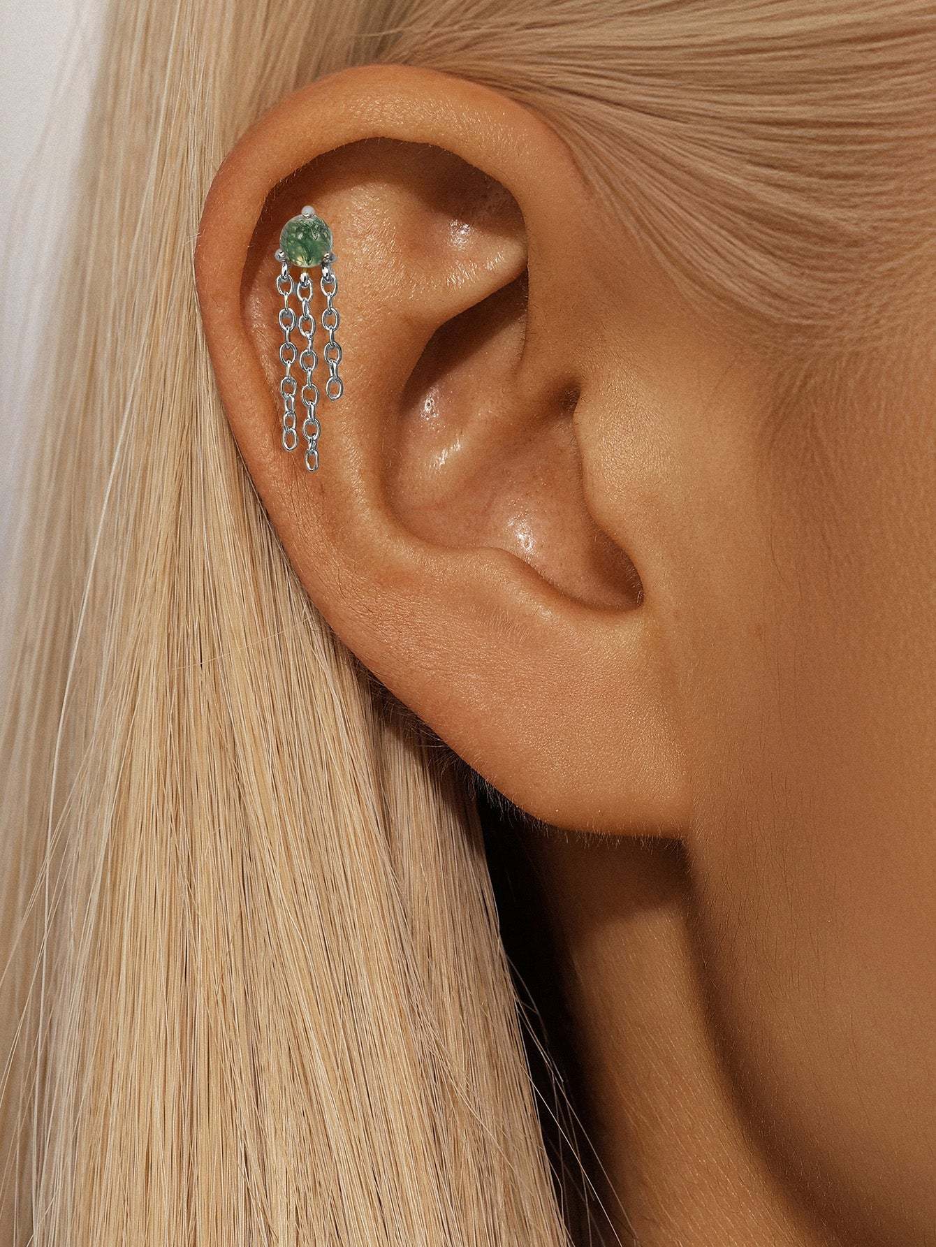 S925 Water Grass Agate Tassel Pendant Ear Piercing Stud-Olarajewelry