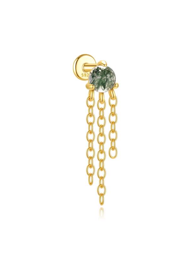 S925 Water Grass Agate Tassel Pendant Ear Piercing Stud-Olarajewelry