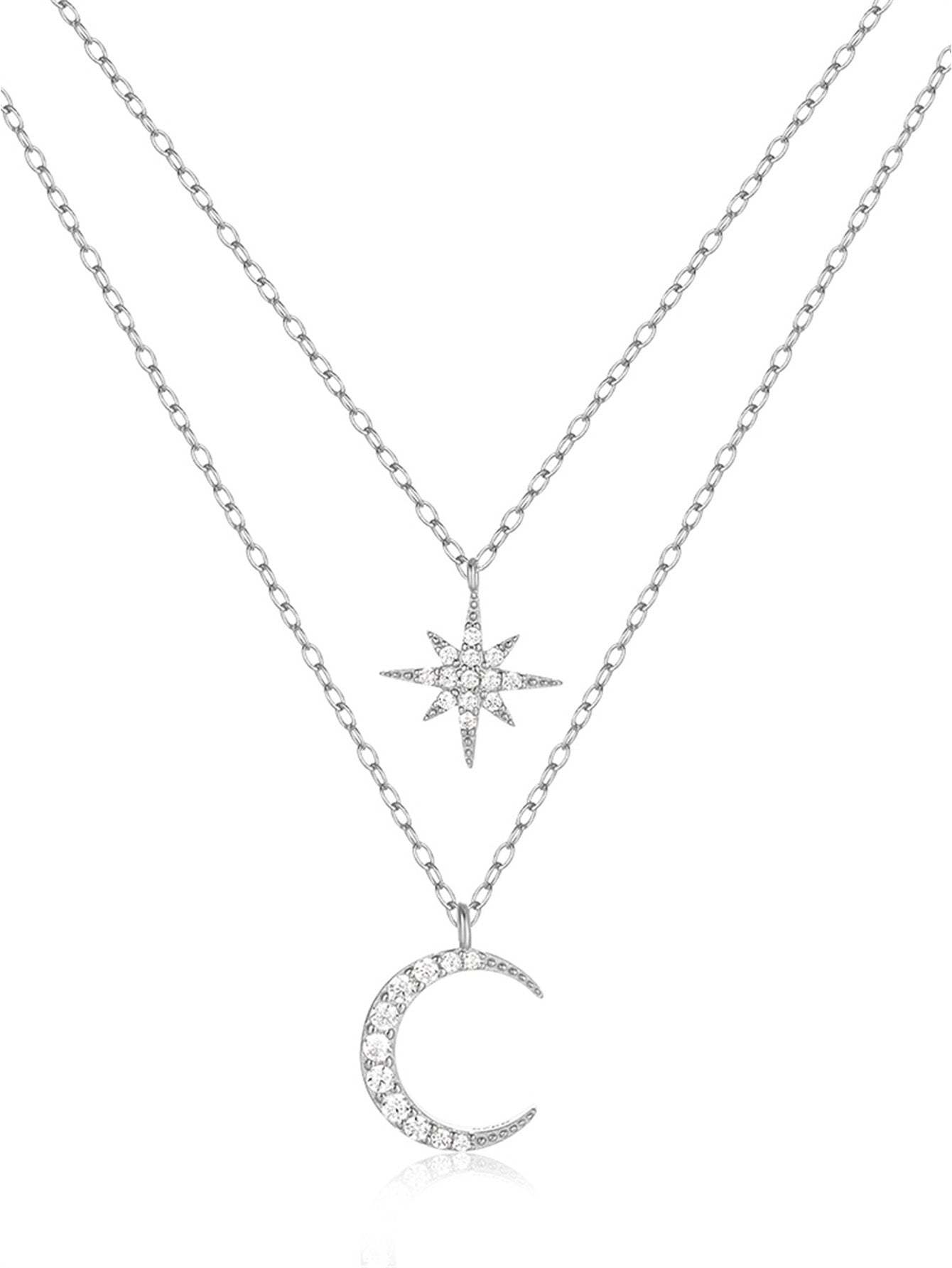 Olara Zircon Moon and Star Pandent Dual Layers Women Anniversary Necklace-Olarajewelry