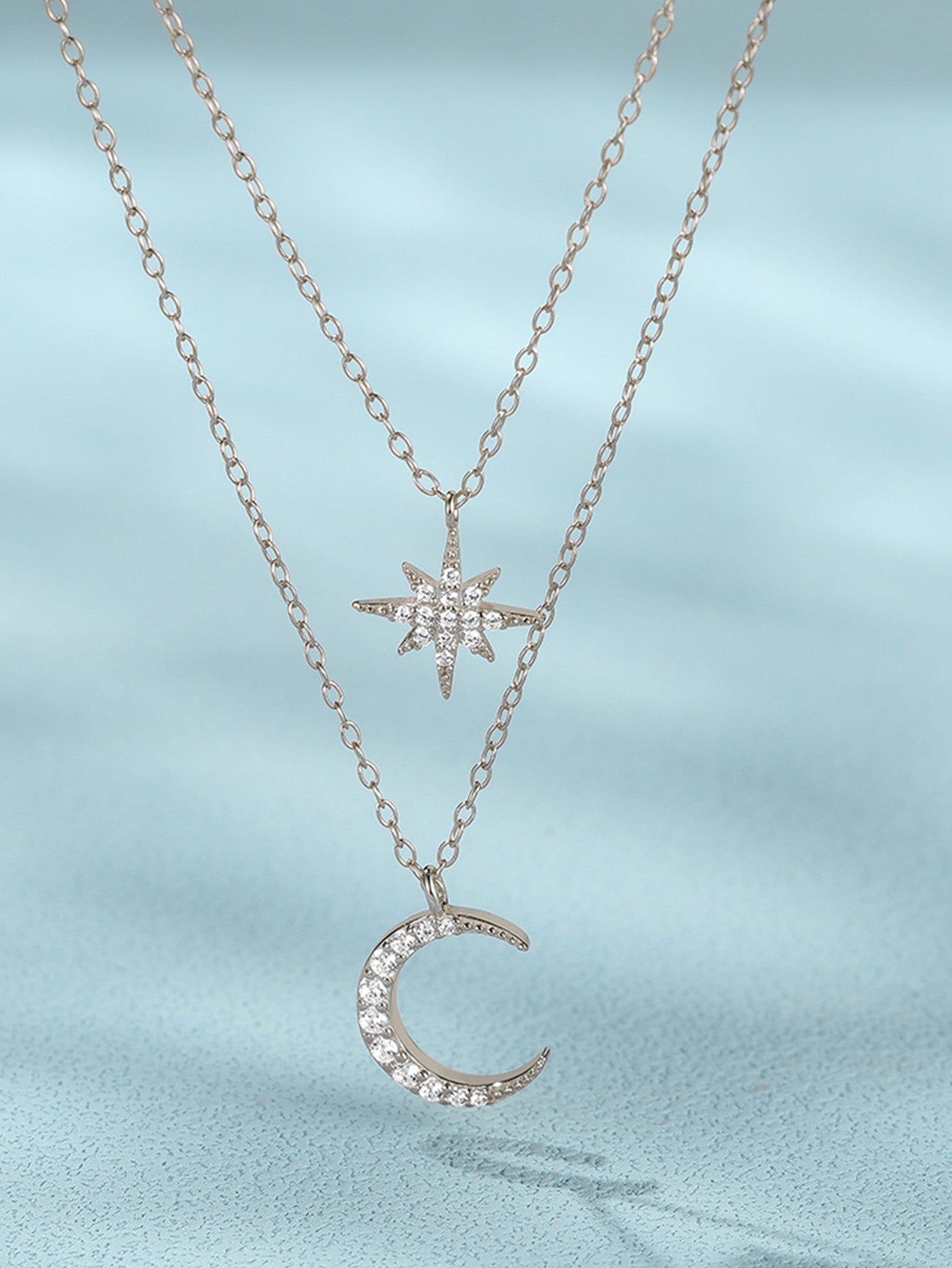 Olara Zircon Moon and Star Pandent Dual Layers Women Anniversary Necklace-Olarajewelry