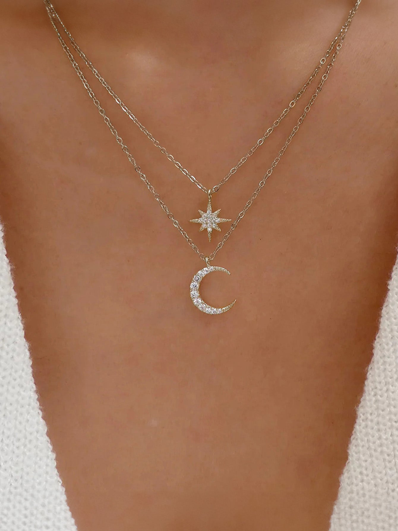 Olara Zircon Moon and Star Pandent Dual Layers Women Anniversary Necklace-Olarajewelry