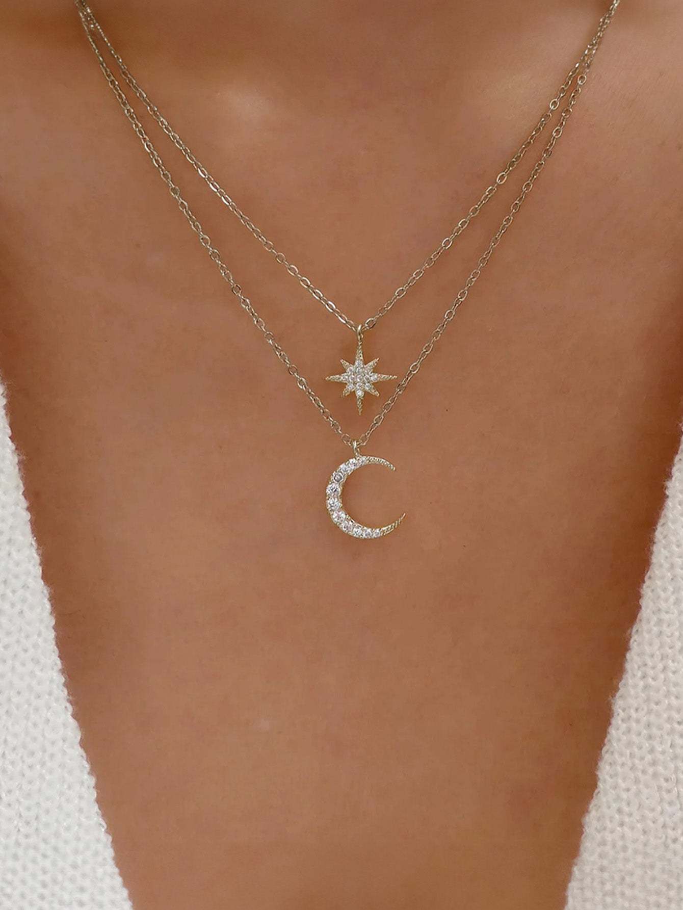 Olara Zircon Moon and Star Pandent Dual Layers Women Anniversary Necklace-Olarajewelry
