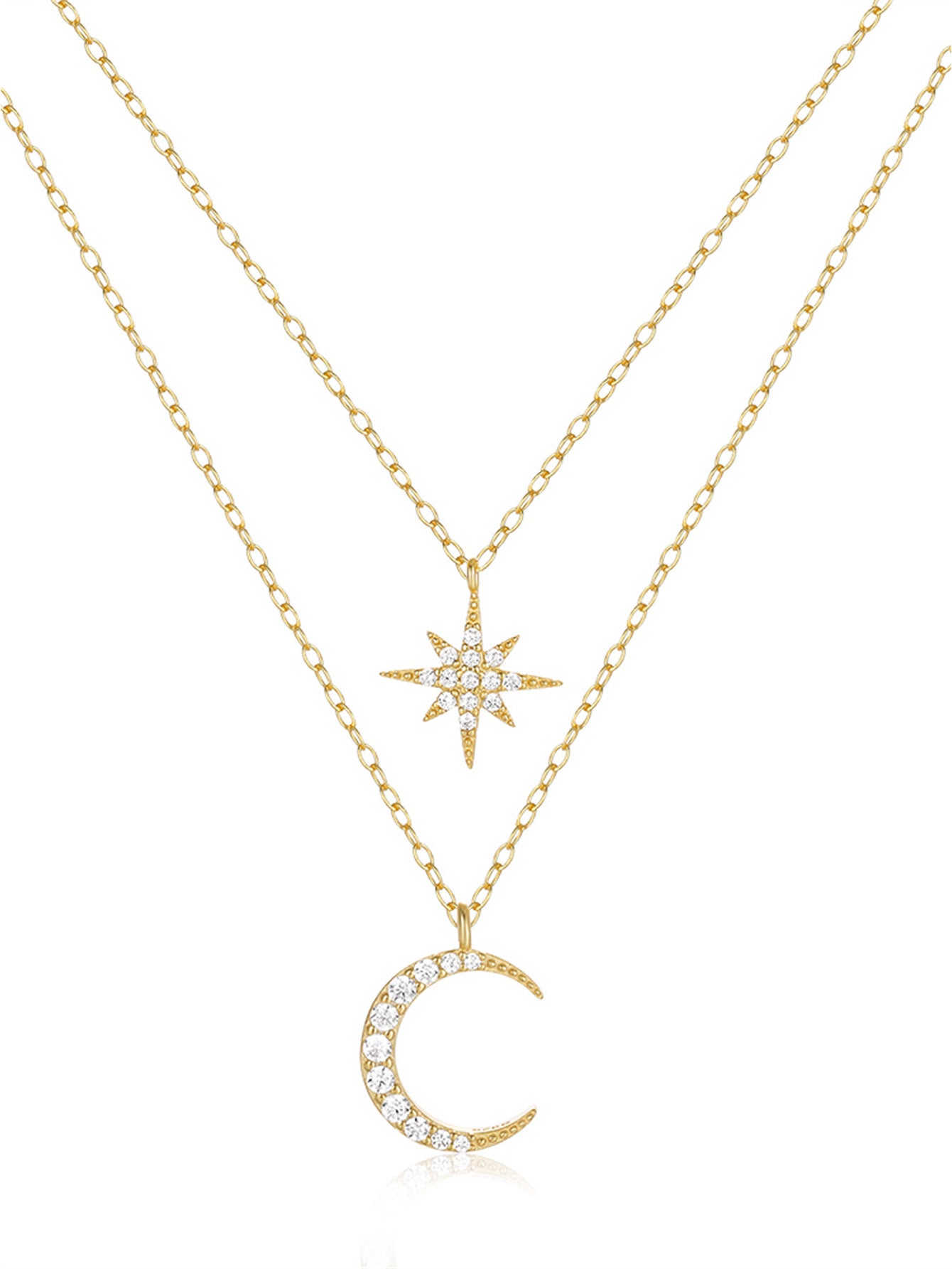 Olara Zircon Moon and Star Pandent Dual Layers Women Anniversary Necklace-Olarajewelry
