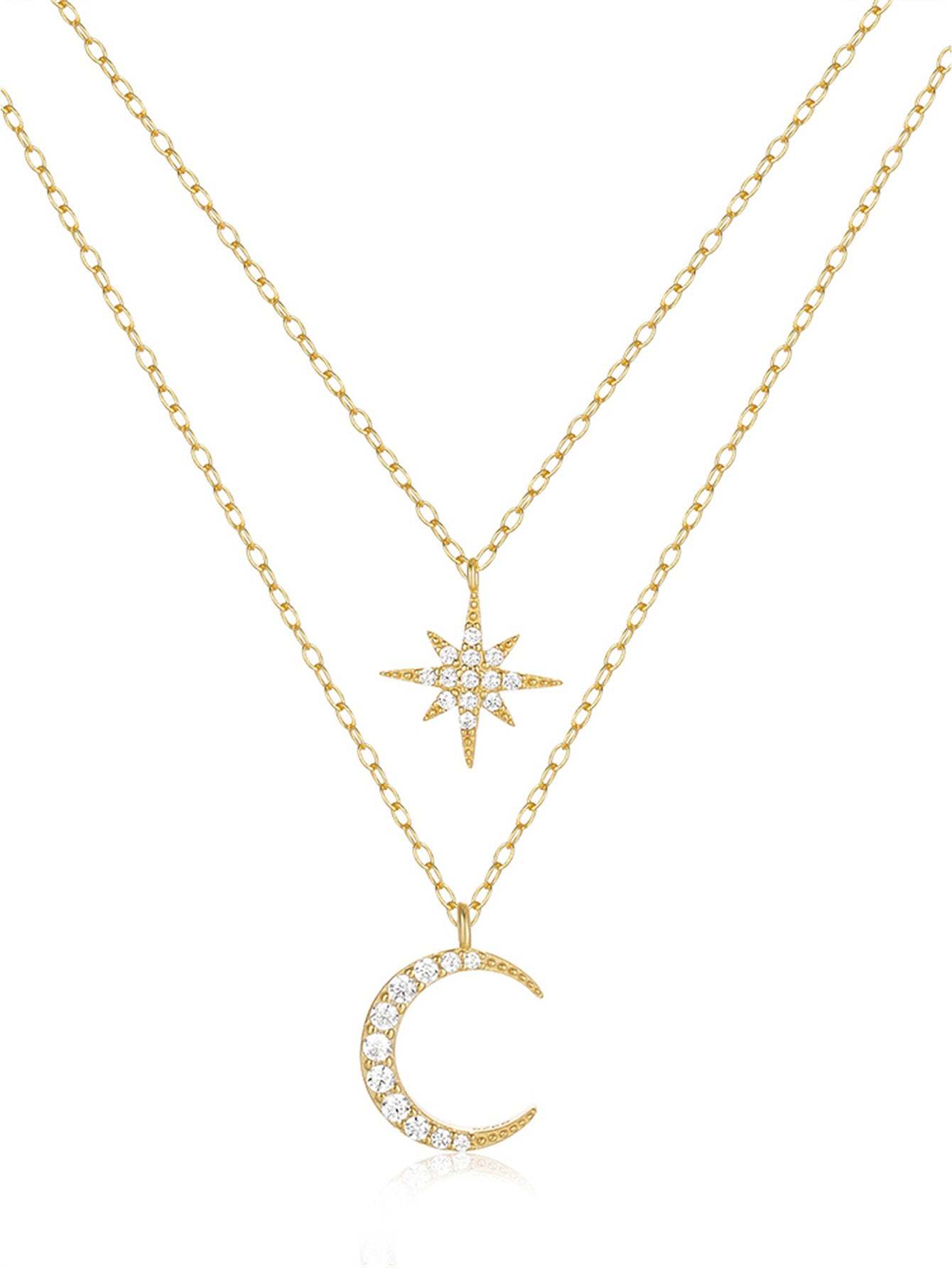 Olara Zircon Moon and Star Pandent Dual Layers Women Anniversary Necklace-Olarajewelry