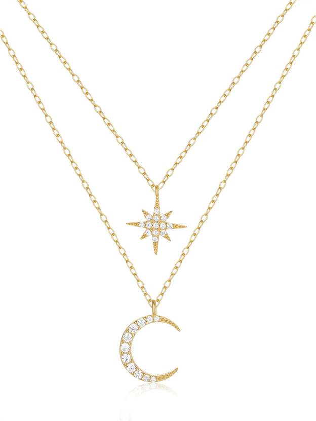 Olara Zircon Moon and Star Pandent Dual Layers Women Anniversary Necklace-Olarajewelry
