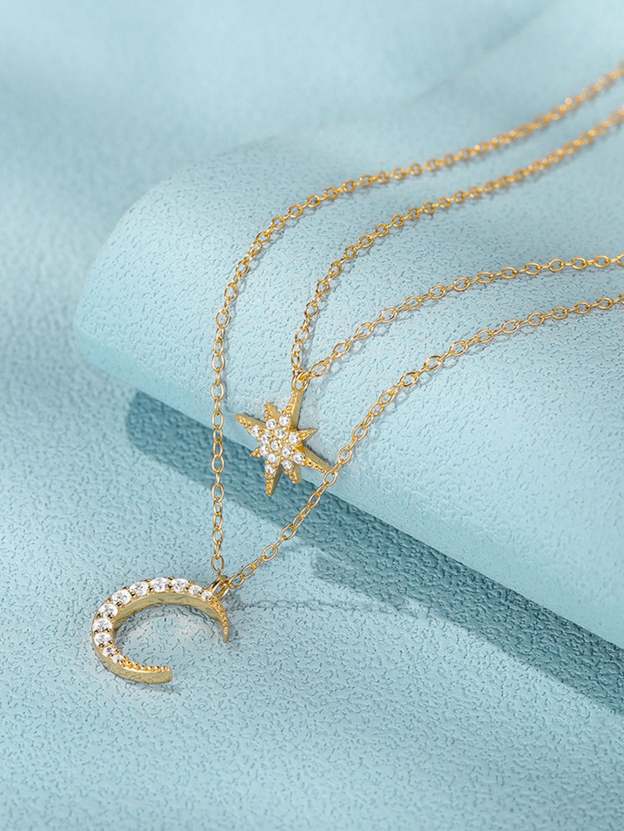 Olara Zircon Moon and Star Pandent Dual Layers Women Anniversary Necklace-Olarajewelry
