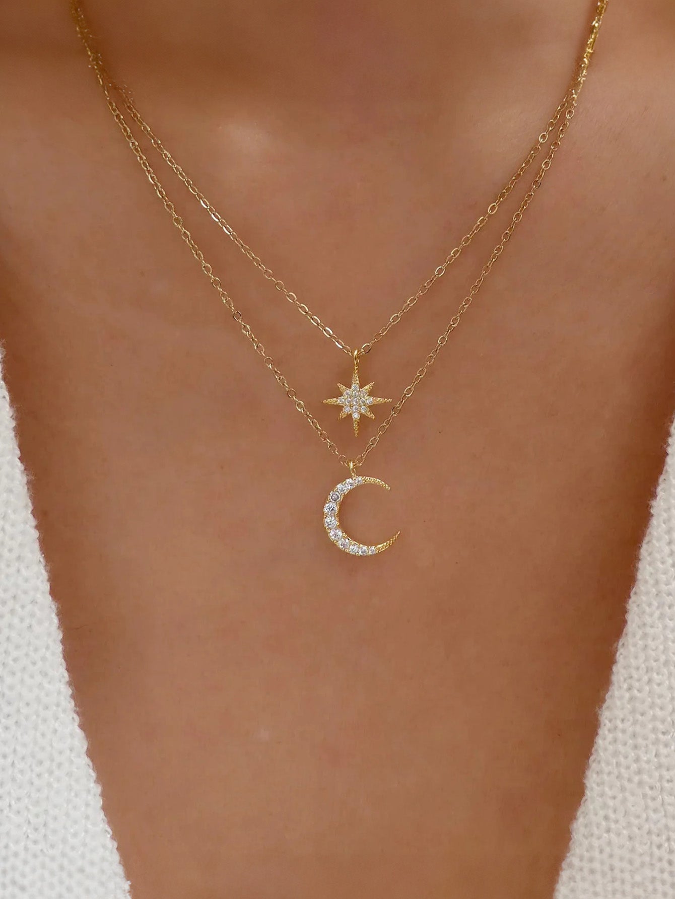 Olara Zircon Moon and Star Pandent Dual Layers Women Anniversary Necklace-Olarajewelry