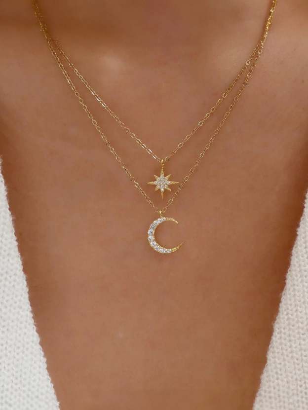 Olara Zircon Moon and Star Pandent Dual Layers Women Anniversary Necklace-Olarajewelry