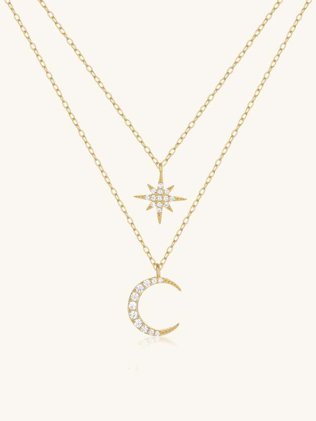 Olara Zircon Moon and Star Pandent Dual Layers Women Anniversary Necklace-Olarajewelry