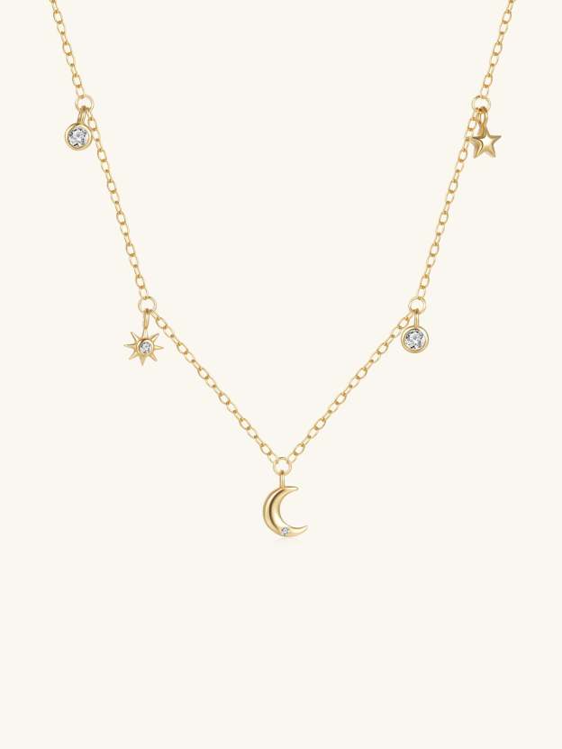 S925 Sterling Silver Fashion Simple Star Moon Zirconia Stacked Pendant Necklace-Olarajewelry