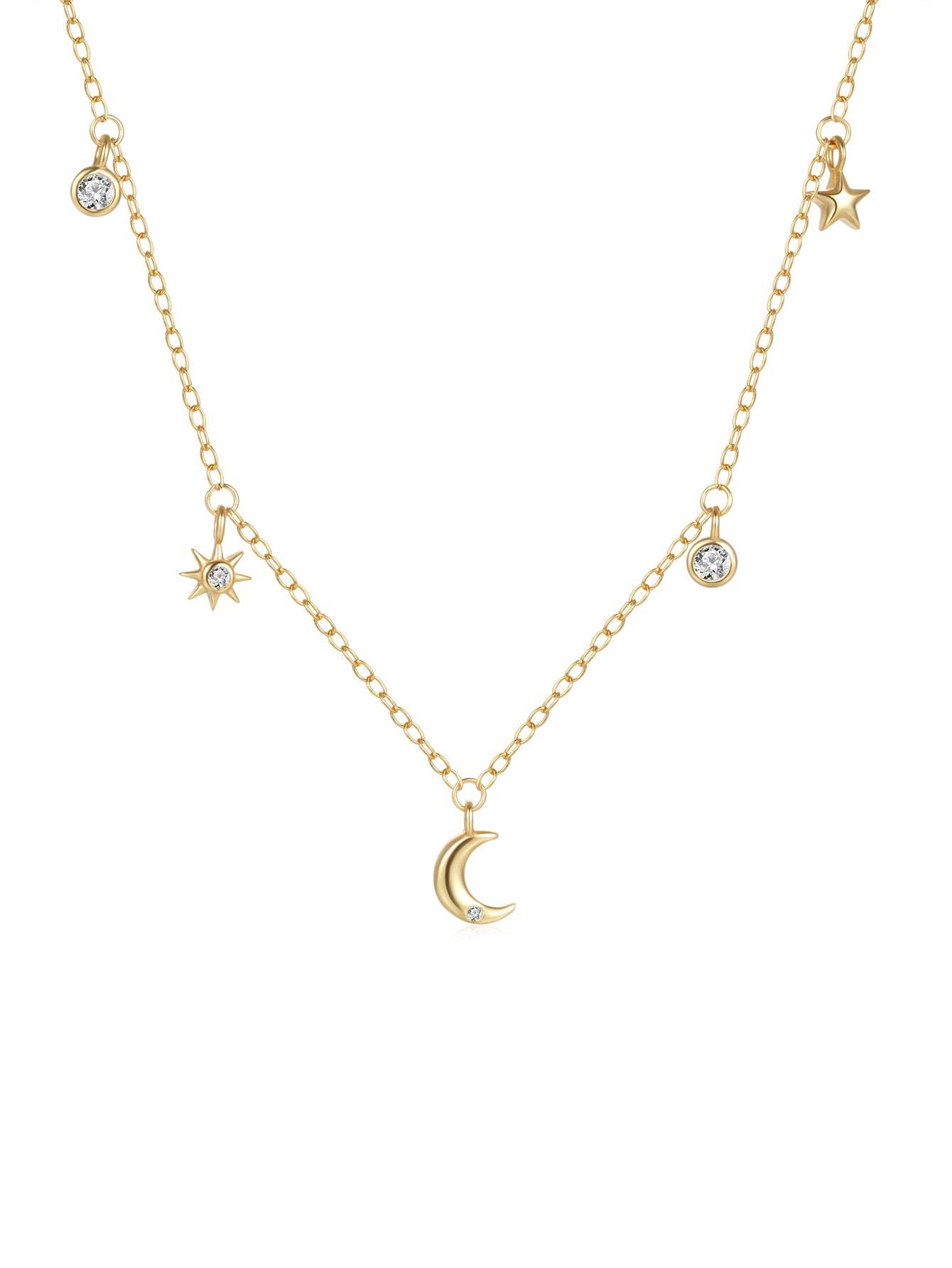 S925 Sterling Silver Fashion Simple Star Moon Zirconia Stacked Pendant Necklace-Olarajewelry