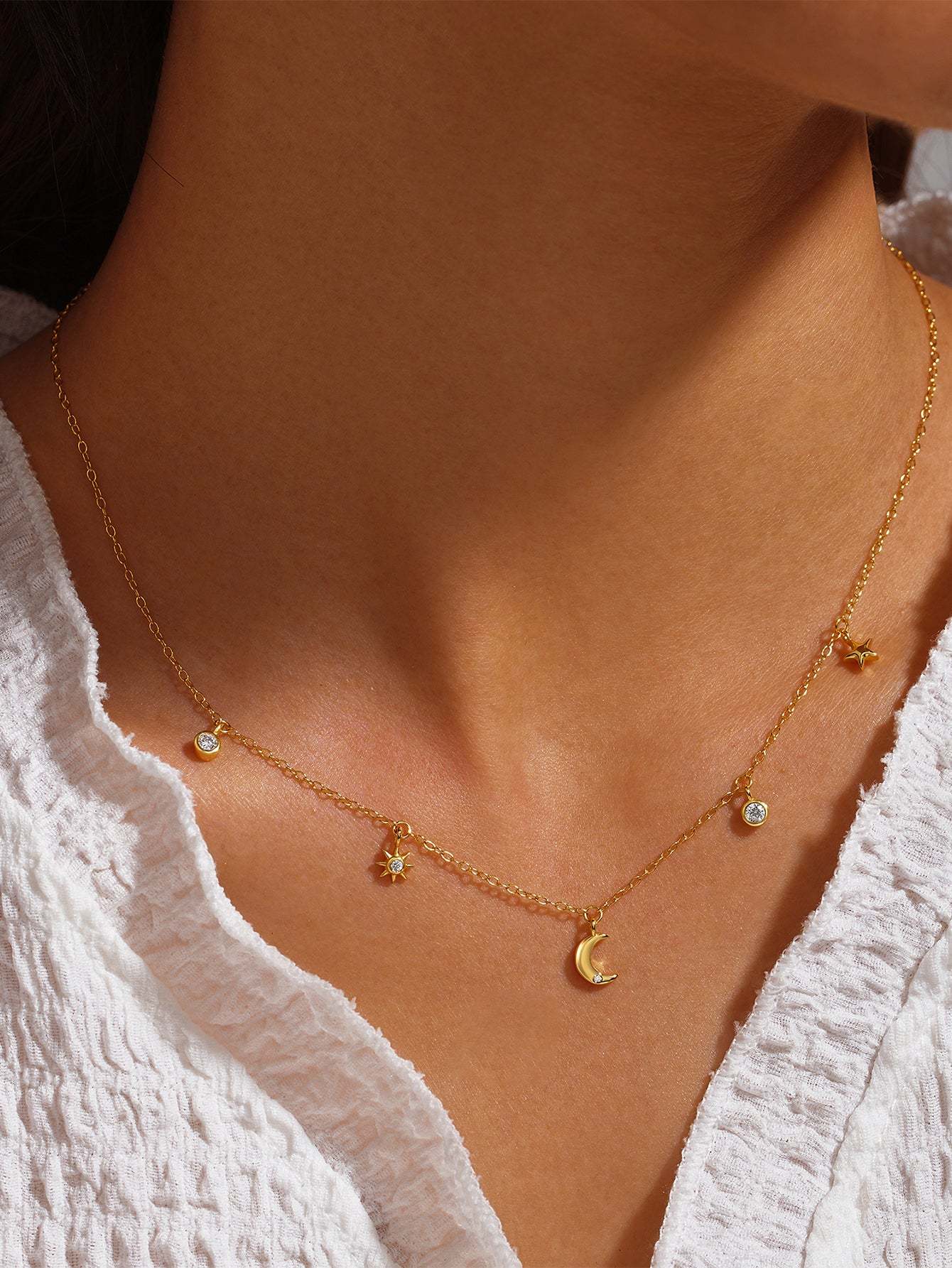 S925 Sterling Silver Fashion Simple Star Moon Zirconia Stacked Pendant Necklace-Olarajewelry