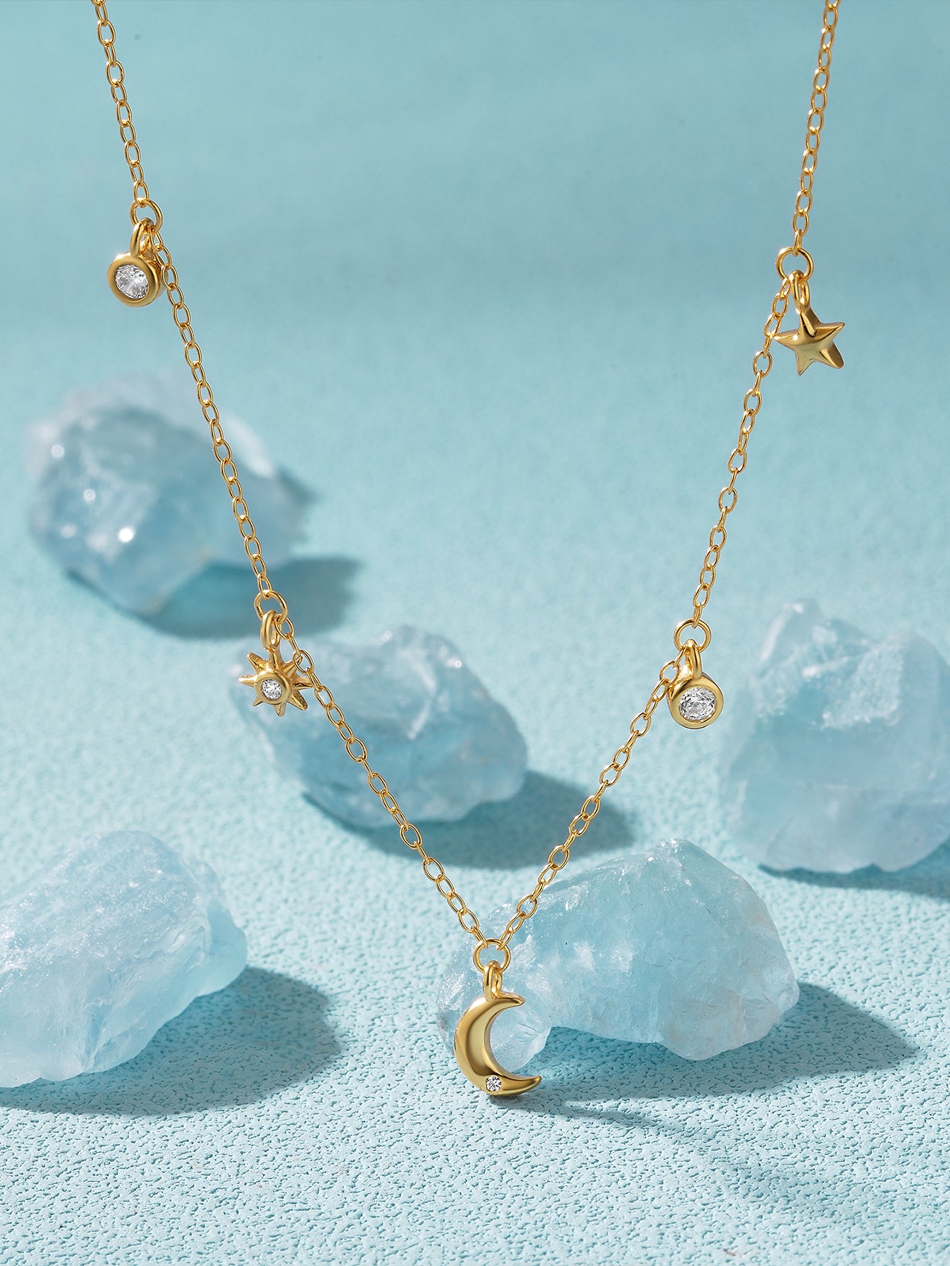 S925 Sterling Silver Fashion Simple Star Moon Zirconia Stacked Pendant Necklace-Olarajewelry
