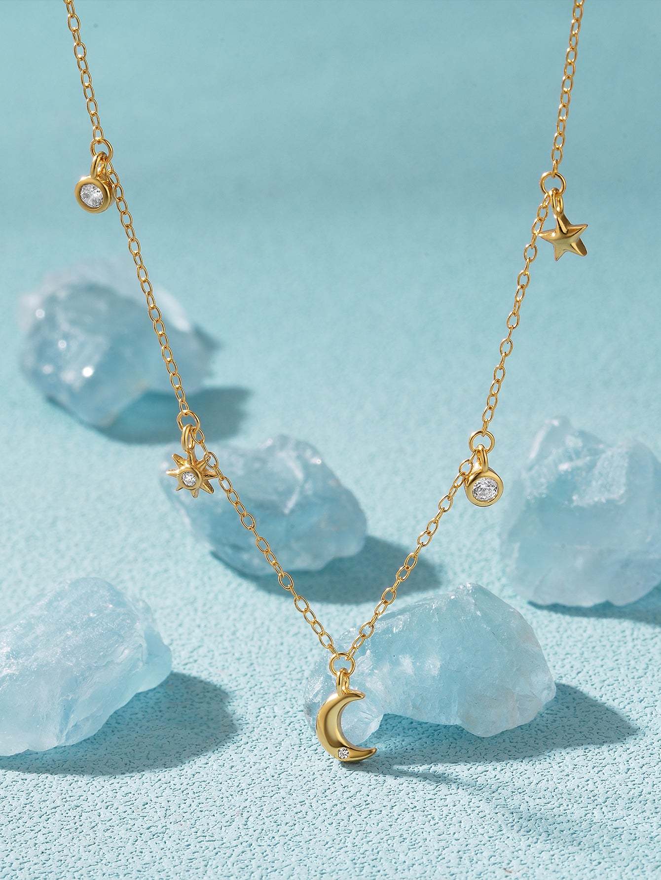 S925 Sterling Silver Fashion Simple Star Moon Zirconia Stacked Pendant Necklace-Olarajewelry