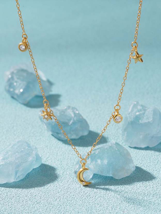 S925 Sterling Silver Fashion Simple Star Moon Zirconia Stacked Pendant Necklace-Olarajewelry