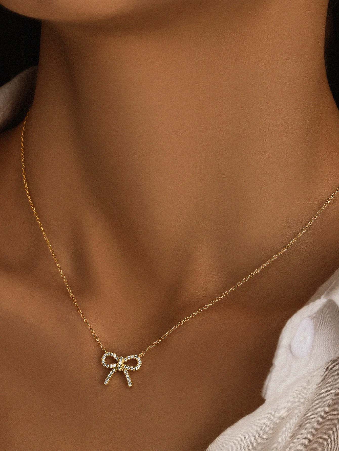 Olara S925 Bowknot Zircon Pendant Chain Necklace Women Fine Jewelry-Olarajewelry