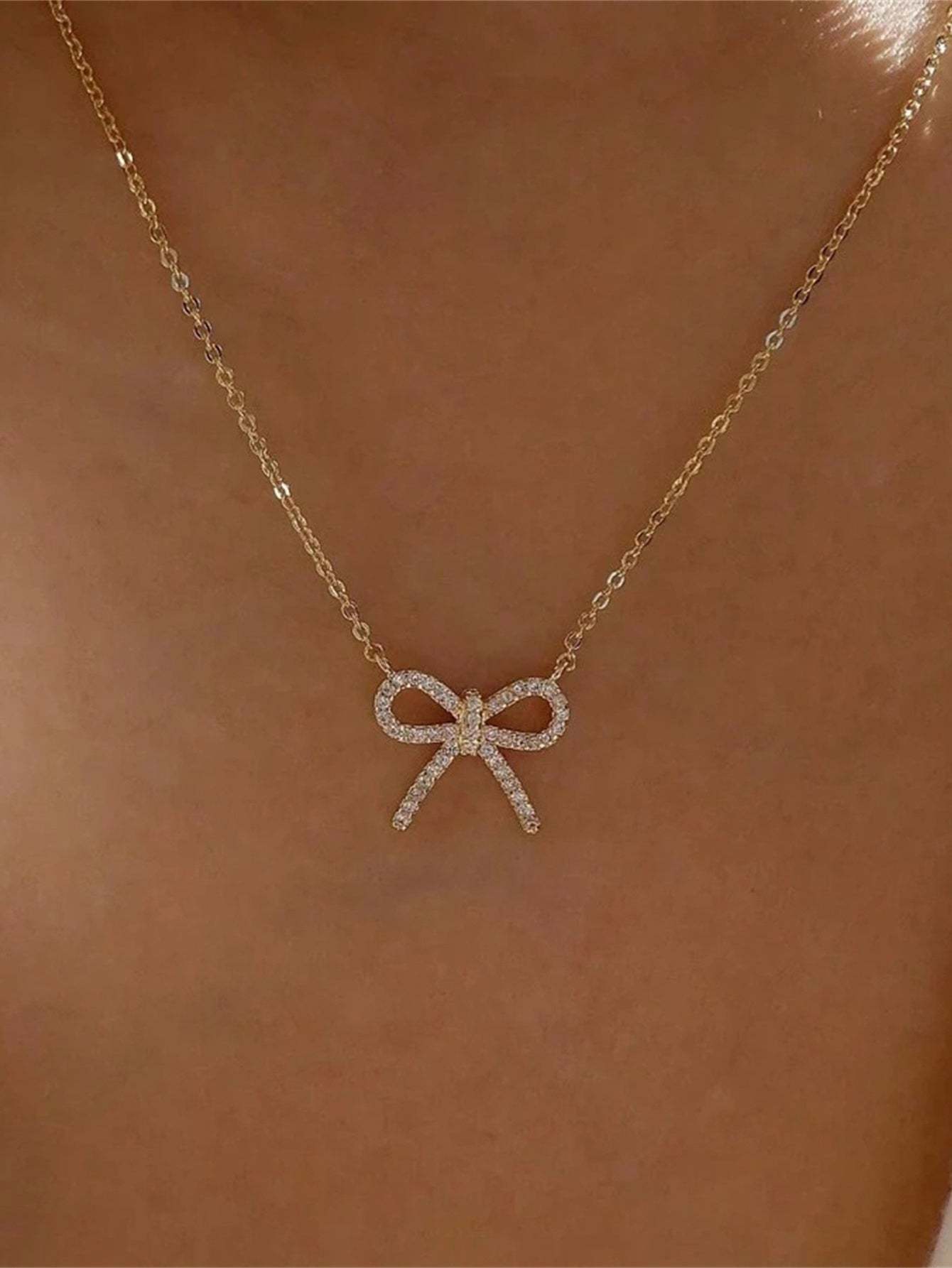 Olara S925 Bowknot Zircon Pendant Chain Necklace Women Fine Jewelry-Olarajewelry
