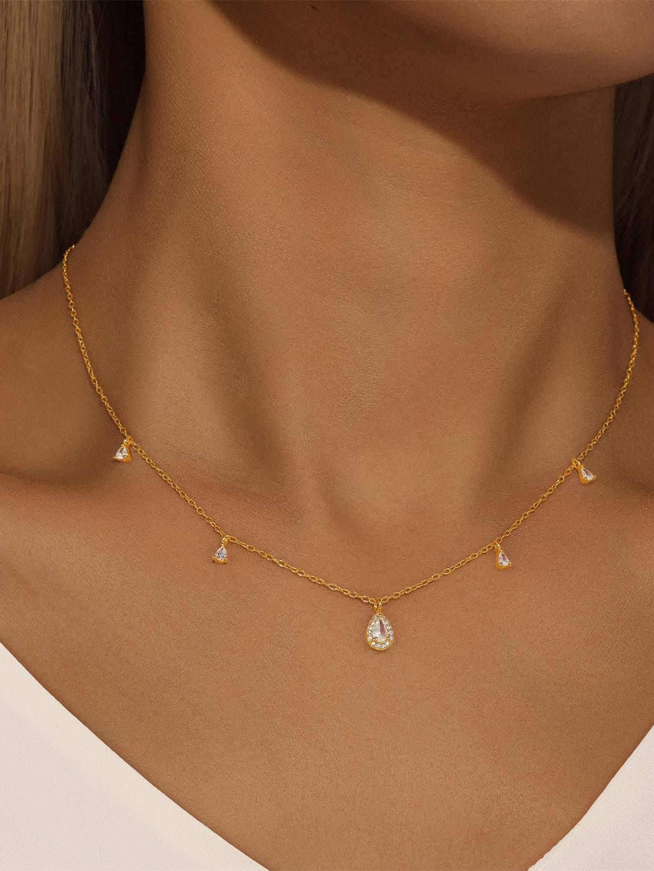 Olara S925 Pear Zircon Pendant Cable Chain Wedding Choker Necklace-Olarajewelry