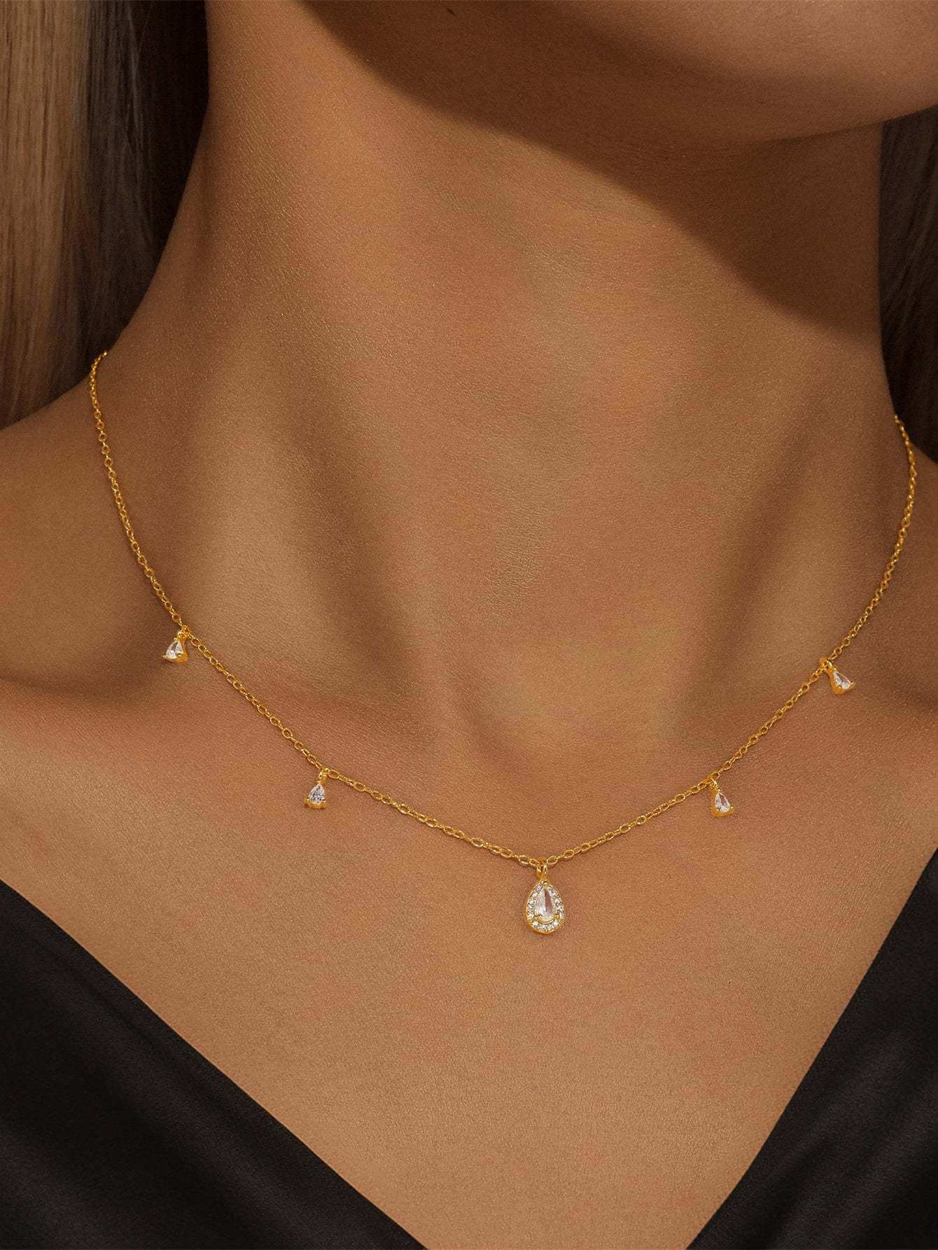 Olara S925 Pear Zircon Pendant Cable Chain Wedding Choker Necklace-Olarajewelry