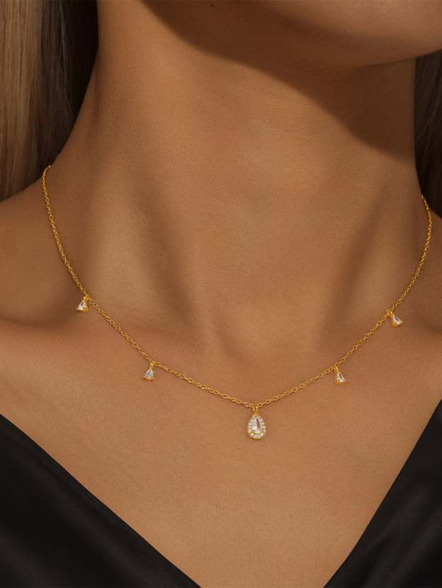 Olara S925 Pear Zircon Pendant Cable Chain Wedding Choker Necklace-Olarajewelry