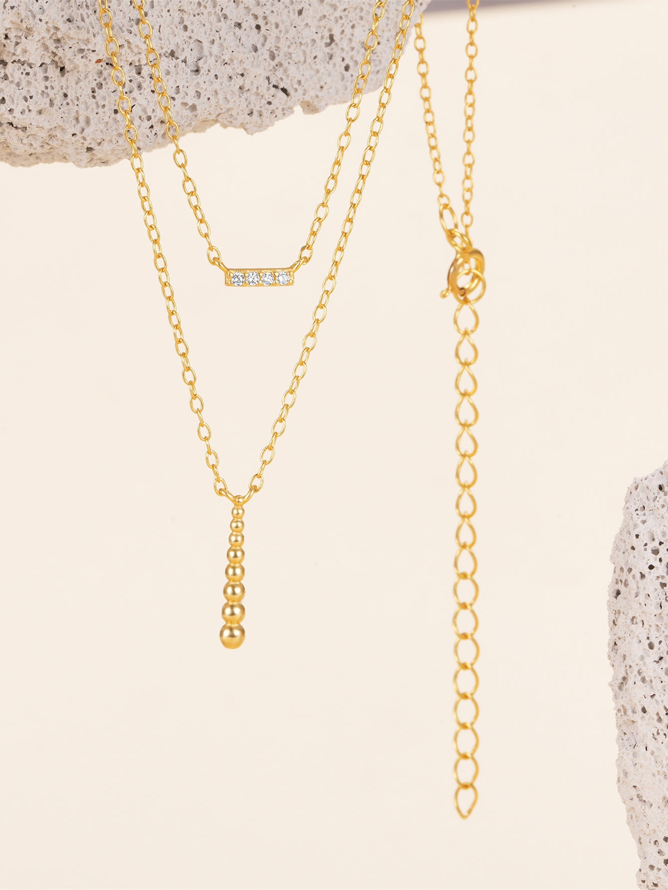 Olara S925 Double Layers Zircon and Beads Bar Pendant Chain Necklace-Olarajewelry