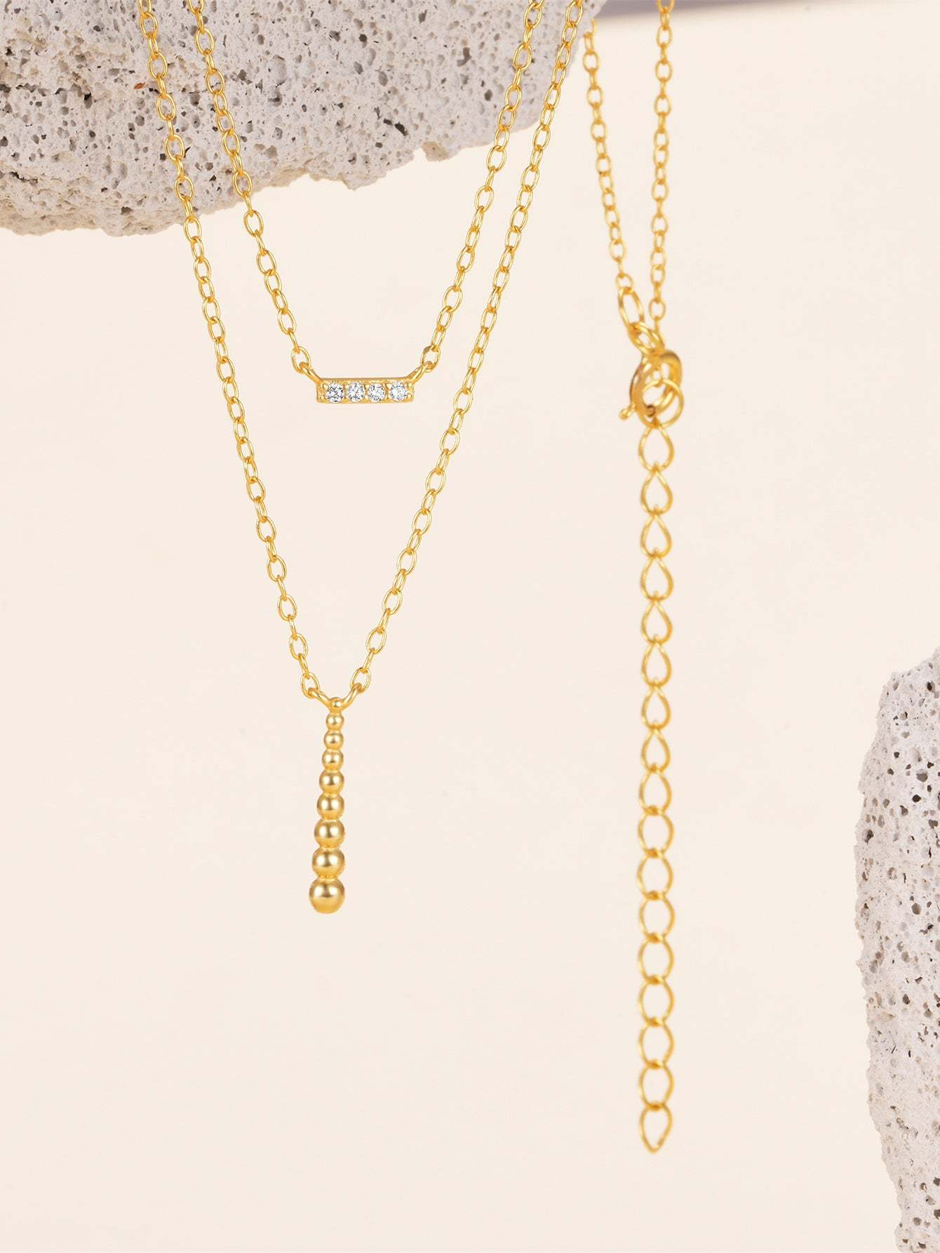 Olara S925 Double Layers Zircon and Beads Bar Pendant Chain Necklace-Olarajewelry