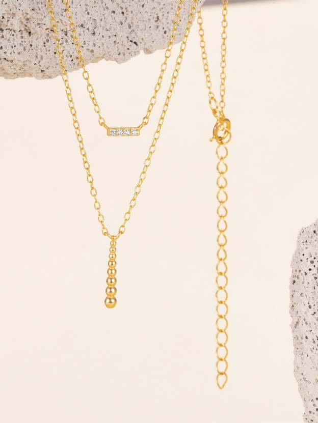 Olara S925 Double Layers Zircon and Beads Bar Pendant Chain Necklace-Olarajewelry