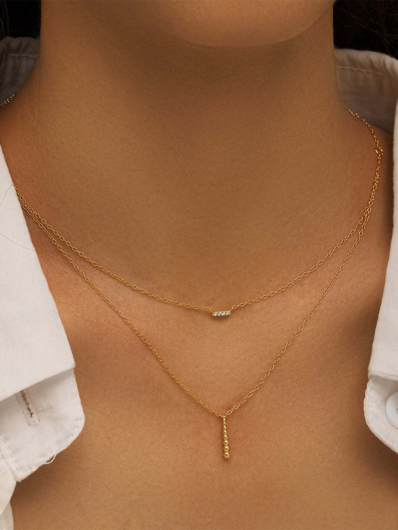 Olara S925 Double Layers Zircon and Beads Bar Pendant Chain Necklace-Olarajewelry